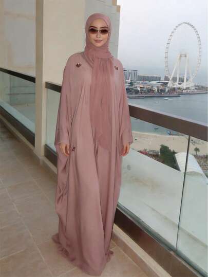 Women's Elegant Islamic Clothing Embroidered Pattern Robe, Loose Fit Long Sleeve Pink Arabic Abaya Spring