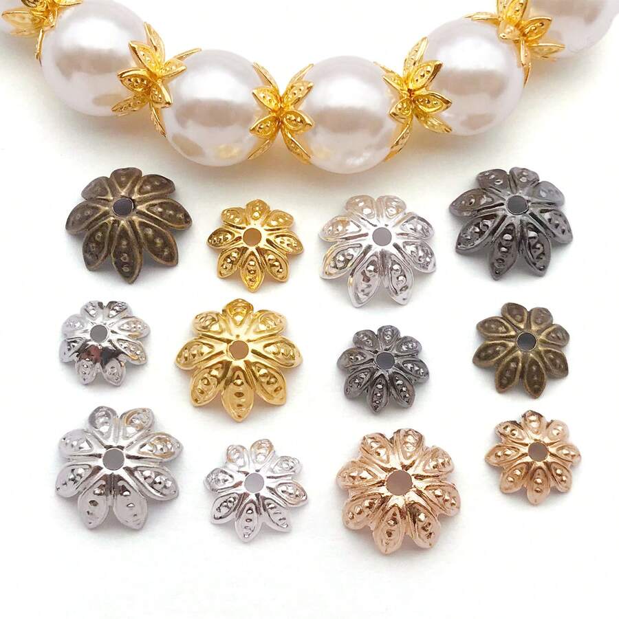 150pcs Hollow Flower Bead End Caps Iron Silver Gold Golden Assorted Metal Loose Solid Spacer Filigree Bails Beads Bulk For Jewelry Making Bracelets Necklace Earrings DIY Crafts