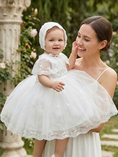 Baby Girls' High-End Lace Embroidered White Christening Dress, Suitable For Wedding, Birthday Party, Comes With Hat, 0-2 Years Old