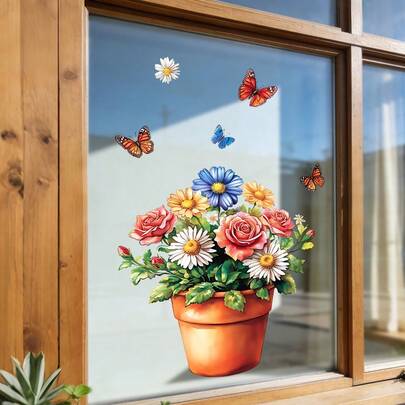 1/2 ملصق نافذة لنبات معشب ملون في أصيص مزين بأنماط الفراشات. قابل للإزالة وخالي من الغراء، مناسب للنوافذ والخزائن وواجهات المحلات والديكور المنزلي على مدار السنة.