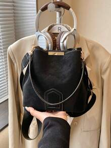 Neue Mode Nischen-Stil lässige vielseitige Bucket Bag, matte klassische hochwertige breite Riemen Damen Schultertasche, Umhängetasche geeignet für Arbeit, Dates, Einkaufen, täglichen Gebrauch - Schwarz - Übersicht 7