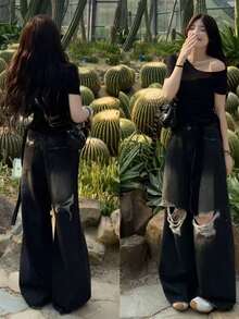 女士休闲直筒牛仔裤，带口袋，时尚做旧裤 - 黑灰色 - 查看 4