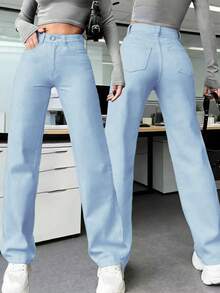 Quần jean nữ màu trắng dáng suông, thanh lịch và thoải mái, có túi, cúc, khóa kéo và chất liệu vải co giãn vừa phải. - Rửa nhẹ - Xem 1