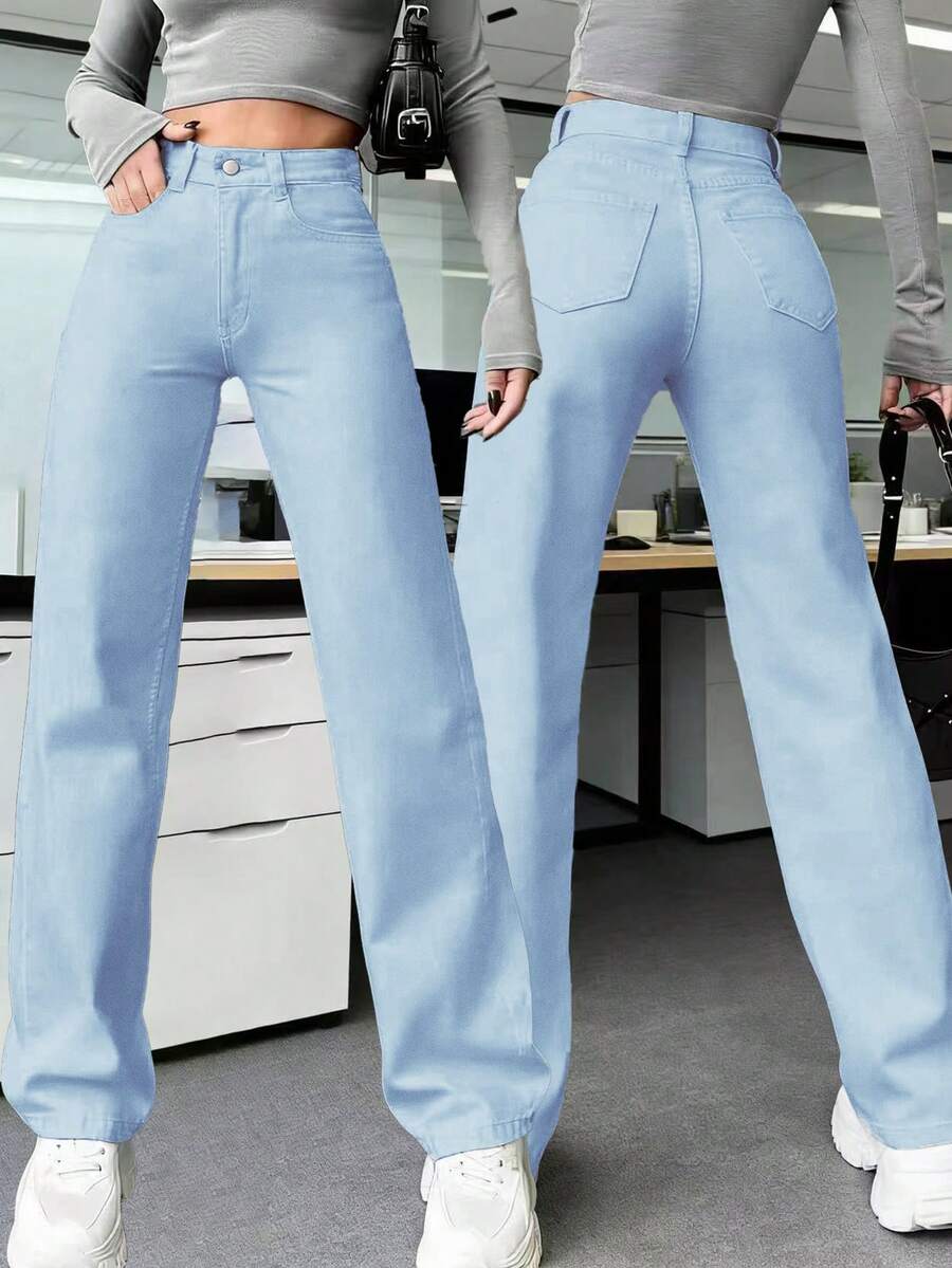 Quần jean nữ màu trắng dáng suông, thanh lịch và thoải mái, có túi, cúc, khóa kéo và chất liệu vải co giãn vừa phải. - Rửa nhẹ - Xem 1