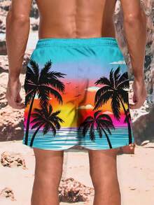 Plus Size Men's Colorful Sunset Ocean Palm Print Loose Drawstring Swim Shorts - Multicolor - View 2