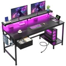 EnHomee 39.3"W Office Gaming Desk With Adjustable Monitor Stand, LED Lights & Power Outlet For Small Space - 黑色 - 查看 11