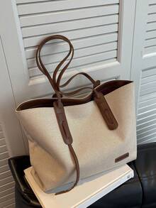 Bolsa Tote Versátil de Blocos de Cor de Grande Capacidade e Moda, Bolsa de Ombro Personalizada de Design de Nicho para Uso Diário, Bolsa Casual de Alça Simples, Adequada para Compras, Deslocamentos, Trabalho, Passeios Diários e Festas - Café - Visão 8