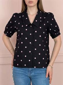 Polka Dot Print Button Front; Puff Sleeves; Stand Collar; Loose Casual Fit; Breathable Comfortable Fabric; Retro Sweet And Fresh; Suitable For Daily Work, Dates, And Afternoon Tea With Friends Short Sleeve Blouse. - Black - View 4