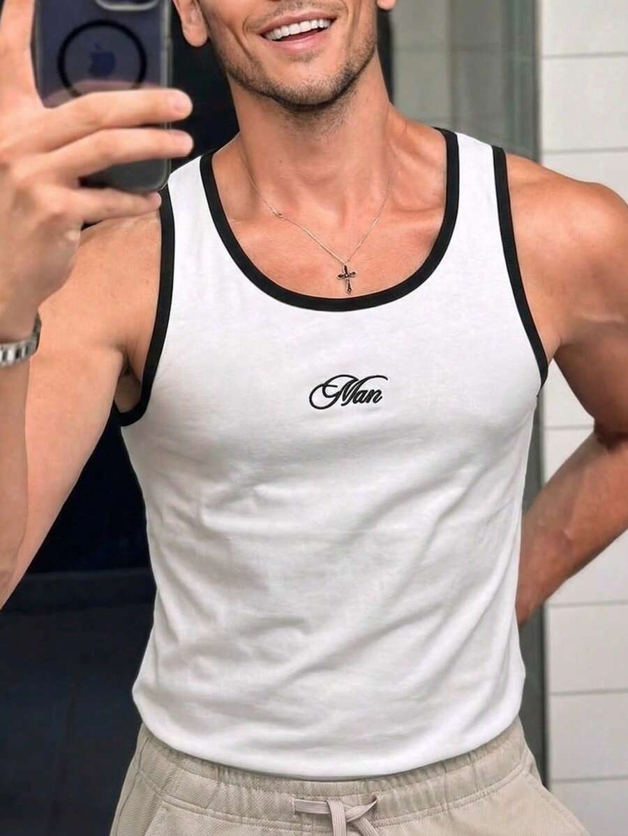 Áo tank top nam màu trắng in chữ, thích hợp mặc đi làm hàng ngày. - trắng - Xem 1