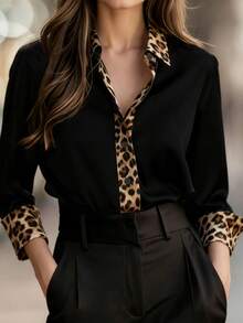 Women's Leopard Print Trim Long Sleeve Black Blouse, Elegant Button-Up Top, Fashionable Choice For Autumn Spring - Black - View 1