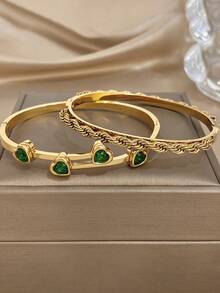 18K Gold Plated Stainless Steel Green Zirconia Heart-Shaped Bracelet, Women's Bracelet, Heart-Shaped Bracelet, Stainless Steel Jewelry, Designer Jewelry, Suitable For Daily Wear, Holidays, Dates, Parties, Valentine's Day, Easter, Mother's Day, Beach, Summer, Bohemian Style - Multicolor - View 5