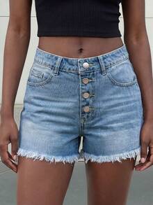 Quần short nữ denim màu sáng, kiểu dáng tối giản, cá tính, đa năng, thích hợp mặc hàng ngày và đi nghỉ mát, gấu quần tua rua, thiết kế 4 nút. - Rửa nhẹ - Xem 6