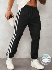 1pc Men's Casual Loose Fit Sports Pants, Suitable For Running, Outdoor, Hiking, Daily Commute, Fashion Striped Ankle-Length Pants, Lightweight For Summer Black Spring - Black - View 2