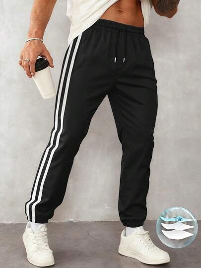 1pc Men's Casual Loose Fit Sports Pants, Suitable For Running, Outdoor, Hiking, Daily Commute, Fashion Striped Ankle-Length Pants, Lightweight For Summer Black Spring