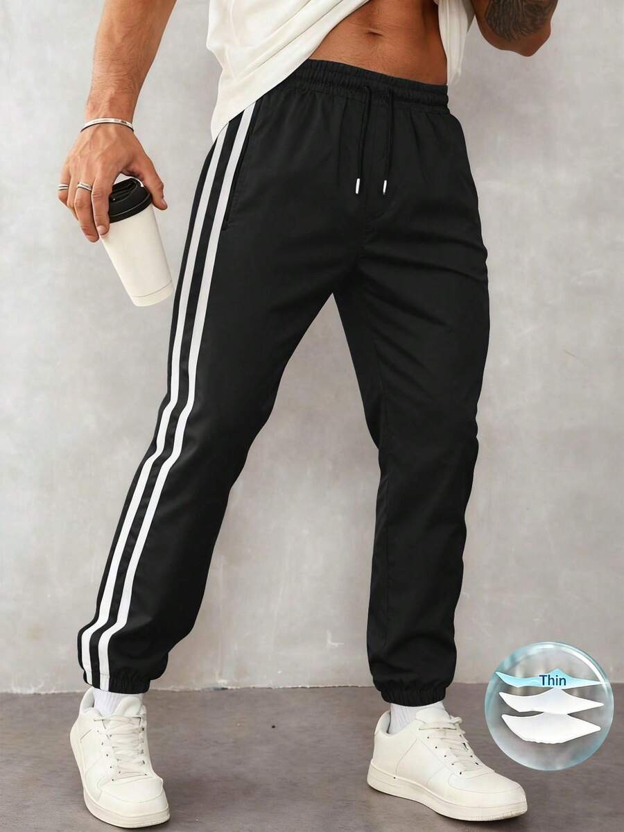 1pc Men's Casual Loose Fit Sports Pants, Suitable For Running, Outdoor, Hiking, Daily Commute, Fashion Striped Ankle-Length Pants, Lightweight For Summer Black Spring - Black - View 1