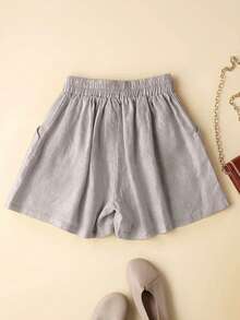 Plus Size Women's Casual Linen Elastic Waist Shorts With Pockets, Spring/Summer - Light Grey - View 2