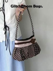 复古波点褶皱单肩包，Y2K风格云朵装饰搭扣斜挎包，女士休闲日常邮差包 - 棕色 - 查看 4