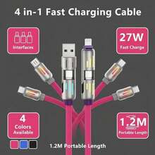 27W 4-In-1 USB C Charging Cable LED Indicator PD Charging Silicone Material 4FT Pink - View 1