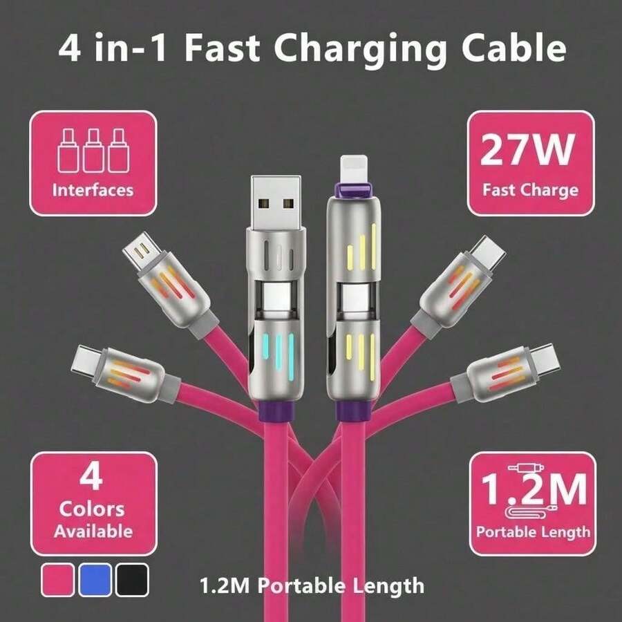 27W 4-In-1 USB C Charging Cable LED Indicator PD Charging Silicone Material 4FT Pink - View 1