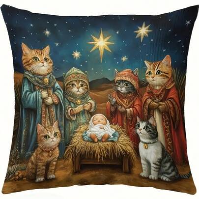 1 chiếc vỏ gối in hình mèo Giáng sinh 2D một mặt - Chất liệu polyester siêu mềm, hoàn hảo cho trang trí nhà cửa mùa lễ hội, có khóa kéo, có thể giặt máy (không bao gồm ruột gối), quà tặng cho người yêu mèo, vải nhung ngắn một mặt