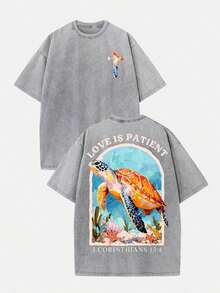 Nuevas  de moda (Camiseta de 230g) Camiseta de algodón lavado holgada para hombre con estampado de tortuga "Cuando atraviesas aguas profundas", cómoda camiseta de fe cristiana con versículo bíblico, ropa urbana retro transpirable - Opción de regalo - Negro 4 - Ver 12