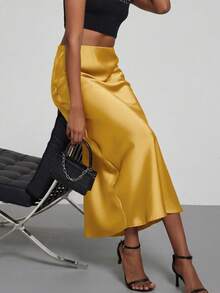 Se-Helo Women's Fashion All-Season Satin-Feel Elastic Waist Skirt Spring - Lemon Yellow - View 7