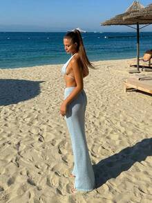 Bộ đồ hai mảnh dệt kim tối giản thanh lịch dành cho nữ, phong cách giản dị nhưng sang trọng, thích hợp cho mùa xuân/hè. - Màu xanh lam - Xem 6