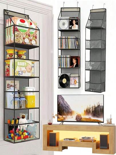 1 Peça Bolsa de Armazenamento Dobrável Suspensa, Organizador Suspenso Multifuncional com 4/6 Compartimentos, Adequado para Armazenar Lanches, Brinquedos, Roupas, CDs, Discos, etc., Com 2 Ganchos para Pendurar na Porta, Parede, Armário, Design Transparente, Aplicável para Dormitório de Estudante, Sala de Estar, Quarto