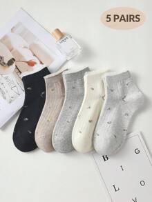 5 Pairs Women's Cute Breathable Floral Pattern Invisible Socks, Ankle Socks And Short Tube Socks, Fashionable INS Style Socks In White And Black, Minimalist And Comfortable, Suitable For Spring, Summer, Autumn And Winter - Multicolor - View 9