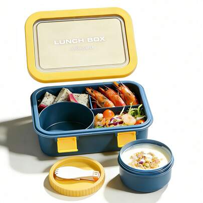 1 pezzo Bento Box, Lunch Box con grande capacità e tenuta stagna, Contenitore per pasti con 4 scomparti, inclusi posate e ciotola per la zuppa