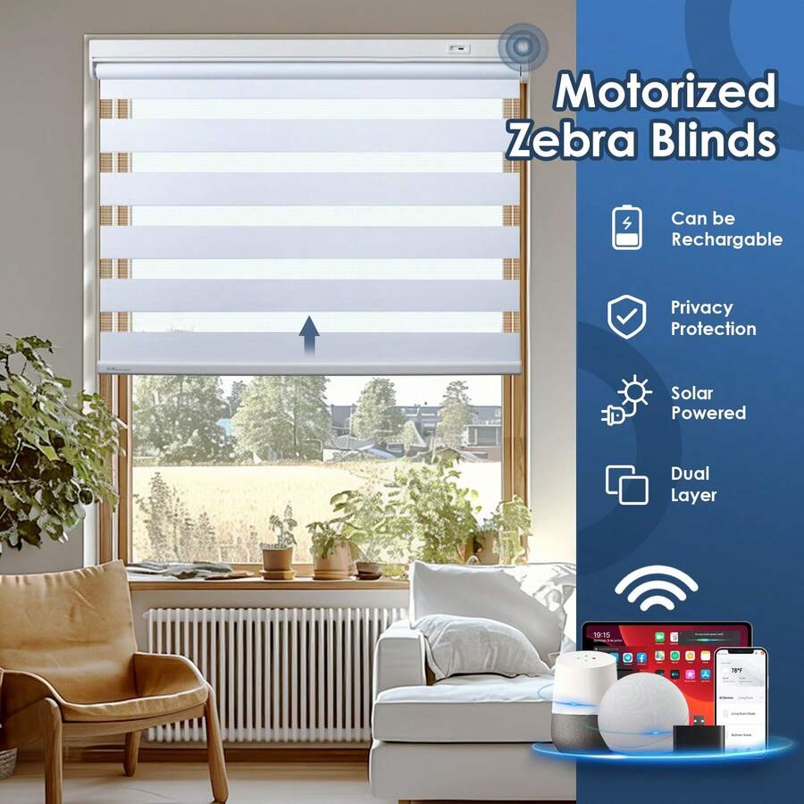 Motorized Zebra Blinds, Solar Powered Dual Layer Automatic Shades With Remote Control, Rechargeable Smart Blinds Horizontal Wireless Electric Shades For Windows, White - White - View 1