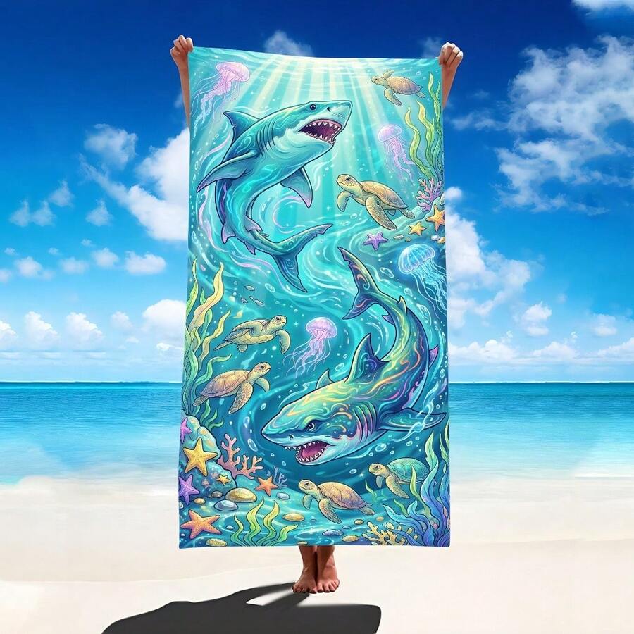 1件装海底世界鲨鱼图案毛巾,超柔软超细纤维特大号沙滩毯,超强吸水浴巾,适合旅行、游泳池、潜水、冲浪、瑜伽、露营,多种尺寸可选,沙滩配件 - 鯊魚 - 查看 1