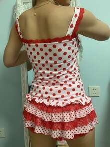 Women's Y2k Fairy Grunge Lace Trim Camisoles Tops Sleeveless Polka Dot Print Cute Tank Tops Ruffle Hem Slim Fit Shirt Going Out Tops Summer Streetwear For Teen Girls Vintage Kawaii Aesthetic Clothes 90s - 白色 - 查看 2