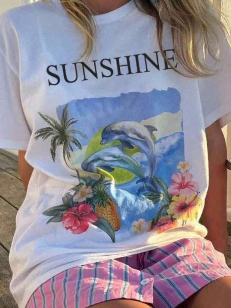 Summer TopsWomen Y2k Oversized Graphic Tees Floral Print Short Sleeve Crewneck T Shirts Loose Fit Summer Tops For Teen Girls Aesthetic Clothes 2000s - 杏色 - 查看 1