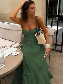 女士新款无袖系带优雅沙滩露肩宽松长裙，波西米亚性感露背休闲A字连衣裙，春夏秋季 - 墨綠色 - 查看 4