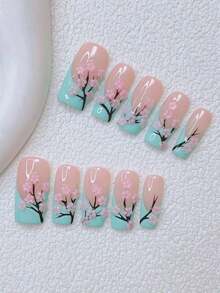 10pcs Y2K Nails Pipe-Shaped Press On Nails Set - Handcrafted, Pink Nails, Blue Nails, Blue French Tip Nails, Hand Drawn Green Tea Flower, Green Tea Flowers Nail Art, Pink Little Flowers Element Decoration , Delicate Cute Nails - Perfect For Parties & Casual Attire,Perfect Holiday Gift For Women And Girls, DlY Nail Art - M - Xem 2