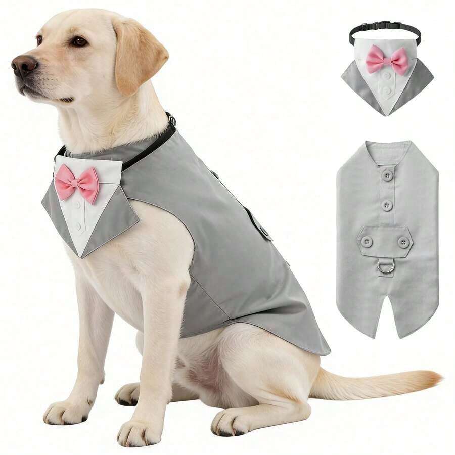 Bộ vest tuxedo cho chó kèm nơ và khăn quàng cổ, áo sơ mi cổ bẻ kiểu hoàng tử dự tiệc cưới, trang phục trang trọng cho thú cưng dự lễ đính hôn, quà sinh nhật. - Xám - Xem 1