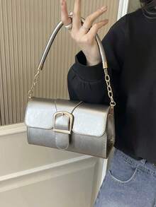 新款金屬扣小方包 女款時尚極簡主義單肩斜挎包 鎖扣開合 通勤腋下包 百搭優雅女款小手提包 - 槍色 - 查看 7