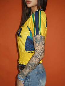 Women's Casual V-Neck Ruffle Hem Fitted Short T-Shirt, All-Over National Flag Print, Breathable & Cooling, Suitable For Summer & Spring Outdoor, Sports, Football Matches - Yellow - View 6