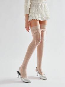 Vớ cao đến đùi kiểu ballet mùa xuân hè, thắt nơ, họa tiết hình thoi rỗng, vớ ren phong cách Lolita cổ điển. - Nhiều màu - View 10