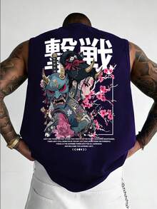 Men's Summer Fashionable Versatile Street Casual Anime Character Slogan Print Round Neck Tank Top - Navy Blue - View 1