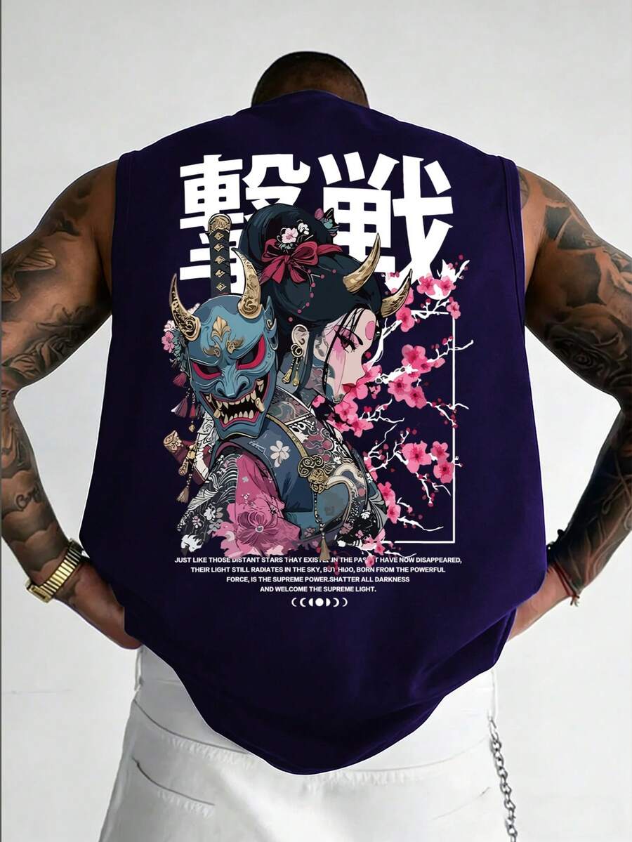 Men's Summer Fashionable Versatile Street Casual Anime Character Slogan Print Round Neck Tank Top - Navy Blue - View 1
