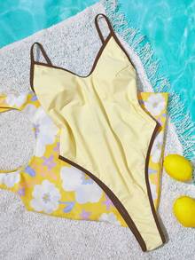 女士复古露背比基尼连体泳衣，黄棕色，适合外出、健身、春假、Y2K风格、街头、度假、音乐节、泳池派对、嘉年华、2026夏季女士沙滩装 - 黃色 - 查看 6