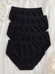 12-16 Years Old Teen Girls 5-Piece Set Minimalist Seamless Mid-Waist Panties, Comfortable Solid Color Basic Triangle Underwear, Daily Underwear For Adolescence, Sports Panties - Black - View 3