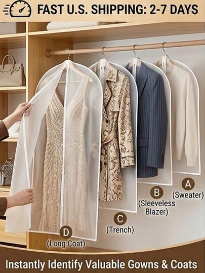 [Delivery Within 2-7 Days In The United States] Dust-Proof Hanging Garment Bag  With Full Zipper Closure And Clear Visual Window For Easy Clothes Identification Breathable Suit Cover For Fashionistas, Business Professionals, And Minimalists Space-Saving Closet Organizer  For Wardrobe, Cloakroom, Bedroom, And Seasonal Storage  Storage Protector Home Storage & Organization .Waterproof Coat Dust Cover Featuring Thickened PEVA Material And Reinforced Edges For Long-Lasting Protection Against Moisture Durable Dress Bag For Brides, Students, And Apartment Dwellers Modern Minimalist  Apparel Protector For Hanging Rails, Open Garment Racks, And Attic Storage Organizing Bin Household Merchandises .