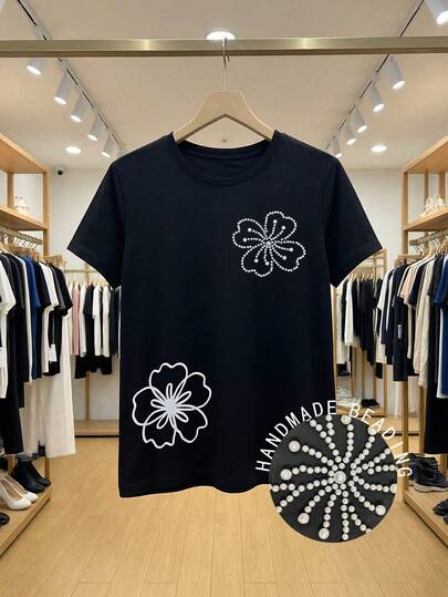 Women's Short Sleeve T-Shirt With Floral Print, Made Of Polyester Fabric, Pearl Embellished Tee Suitable For Dates, Home, Daily Wear, Spring/Summer