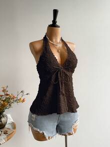 Rusttydustty 女士露背休闲度假波西米亚风沙滩装，夏威夷音乐节热带假日露背上衣 - 棕色 - 查看 4