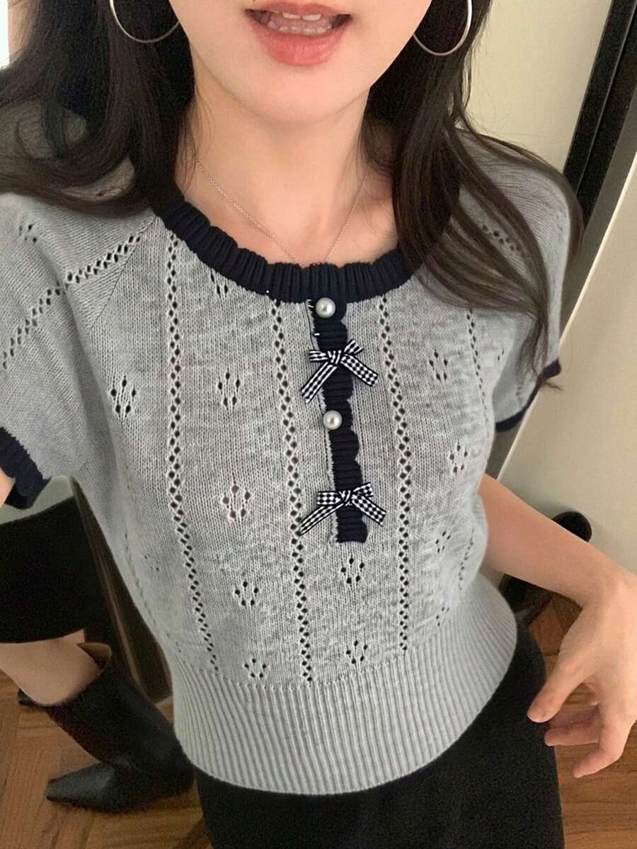 女士休闲简约撞色滚边圆领短袖上衣，夏季 - 灰色 - 查看 1