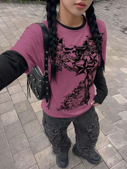 Rikumo Women's Fashion Street Y2K Gothic Personalized Niche Printed Crew Neck Long Sleeve 2 In 1 T-Shirt Casual Spring