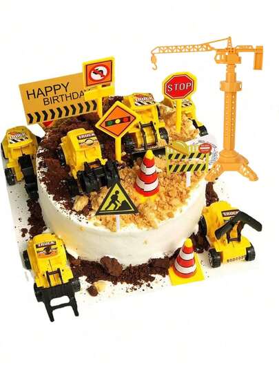 18件套建筑主题蛋糕装饰套装，包括挖掘机、塔式起重机、纸杯蛋糕装饰插牌、交通标志和道路标志，适合生日派对，是汽车主题生日蛋糕装饰的理想之选。